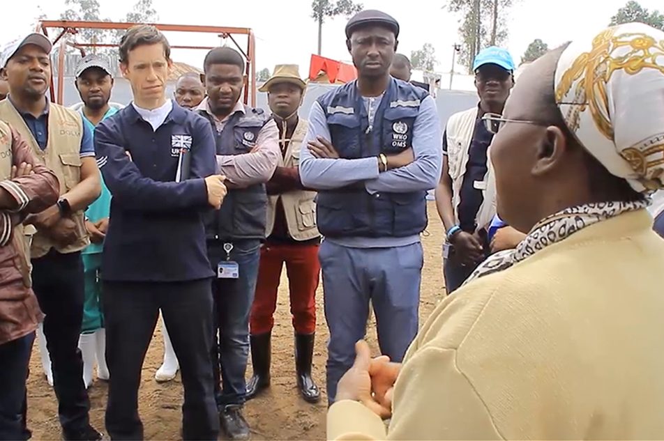 International Development Secretary Rory Stewart talks to Congolese health workers at an Ebola Treatment Centre in Katwa, eastern Democratic Republic of the Congo.