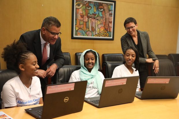 International Development Secretary Alok Sharma meets girls learning how to code during a recent trip to Ethiopia. Picture: DFID/Anna Dubuis